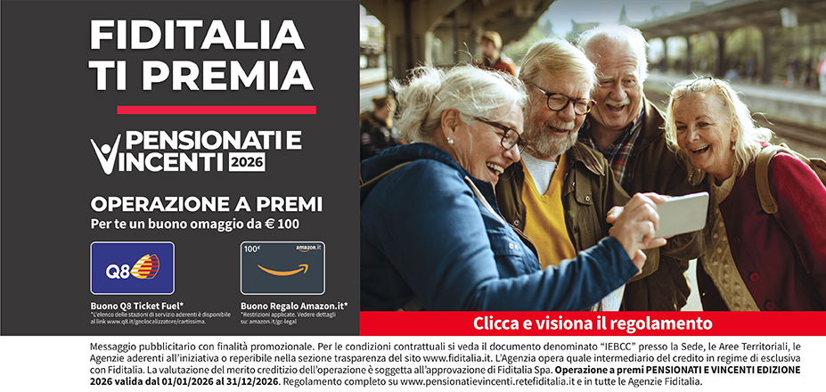 Agenzia Falcone Giacomo Fiditalia | Catania | Fiditalia ti premia - Vicni un omaggio da €100. Operazione a premi. Clicca e visiona il regolamento. Operazione a premi PENSIONATI E VINCENTI 2025 valida dal 01/01/2025 al 31/12/2025. Regolamento completo www.pensionatievincenti.retefiditalia.it